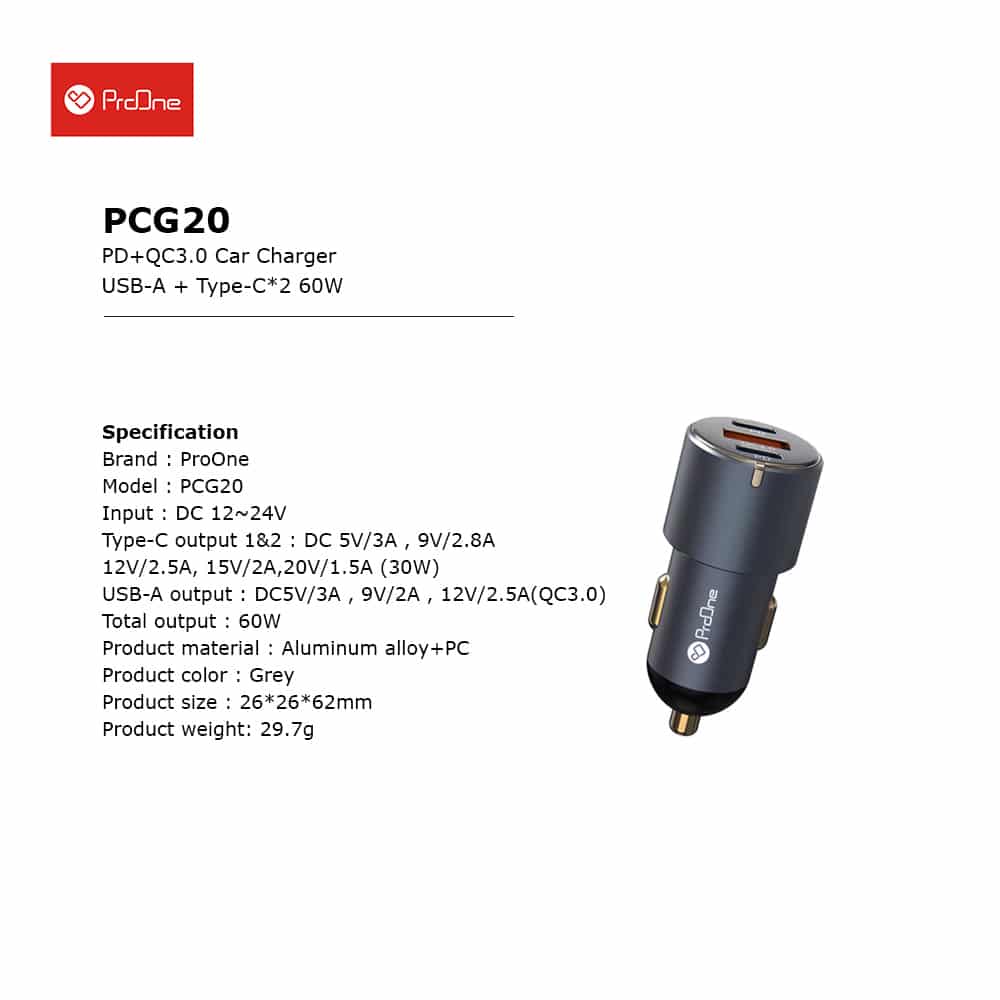 ProOne PCG20 Car Charger قیمت پرووان لوازم جانبی ProOne پرووان قیمت لوازم جانبی ProOne شارژر فندکی لوازم خودرو لوازم‌جانبی موبایل