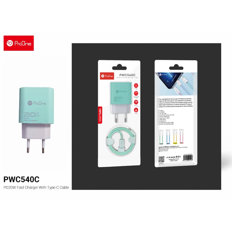 Proone PWC540C 20W wall charger with USB-C cable قیمت پرووان لوازم جانبی ProOne پرووان قیمت لوازم جانبی ProOne شارژر دیواری