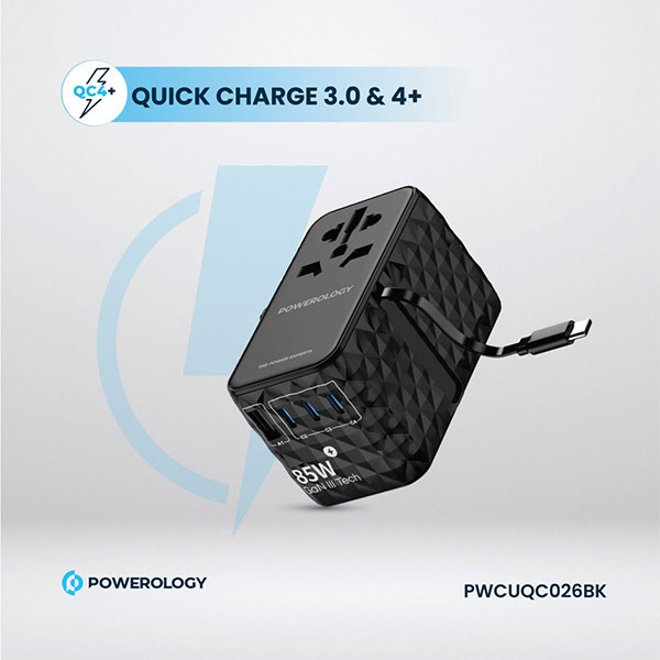 شارژر همه‌کاره Powerology GaN 85W با کابل تایپ-C جمع‌شونده: