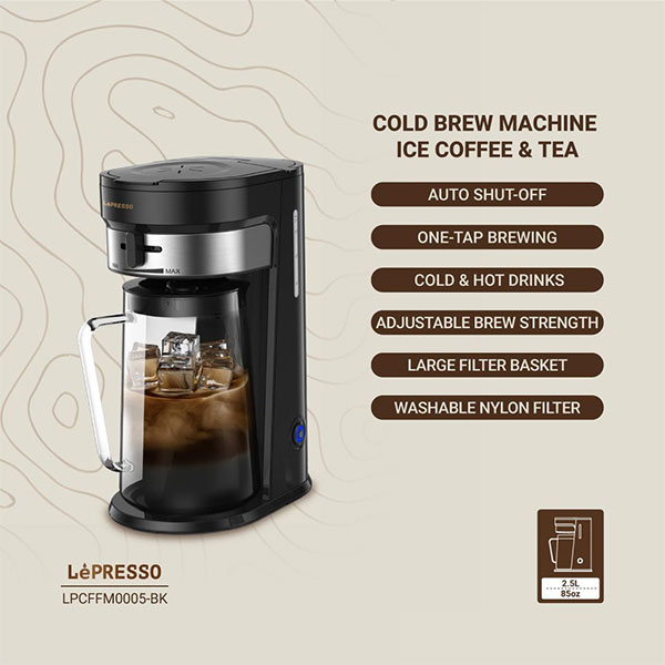 دستگاه قهوه‌ساز LePresso Cold Brew - مشکی با دستگاه قهوه‌ساز LePresso Cold Brew در هر مکان و زمانی از قهوه و چای یخی خود لذت ببرید. این دستگاه با طراحی شیک و مشکی و فیلترهای باکیفیت، نوشیدنی‌های دلپذیری برای شما فراهم می‌کند.