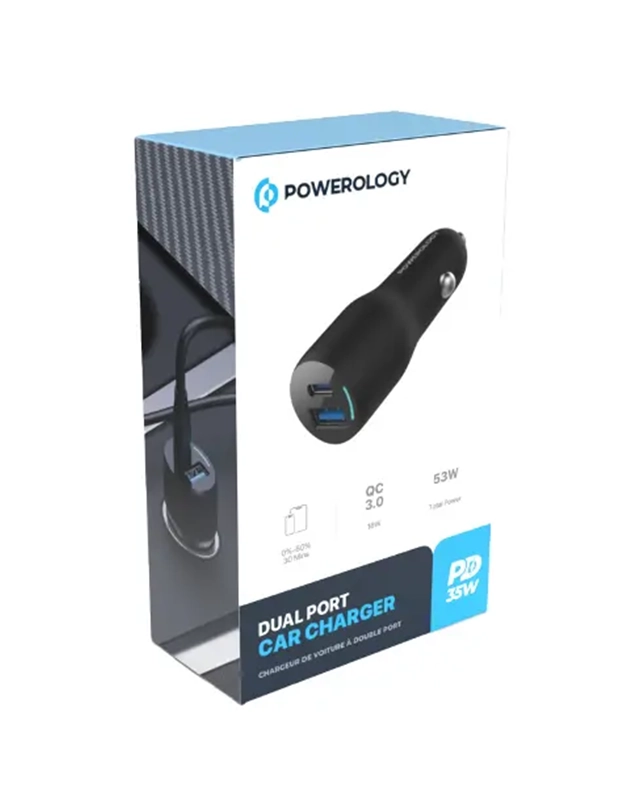 قیمت شارژر فندکی 53 وات پاورولوژی Powerology 35W Dual Ports Car Charger PCCSR012 /