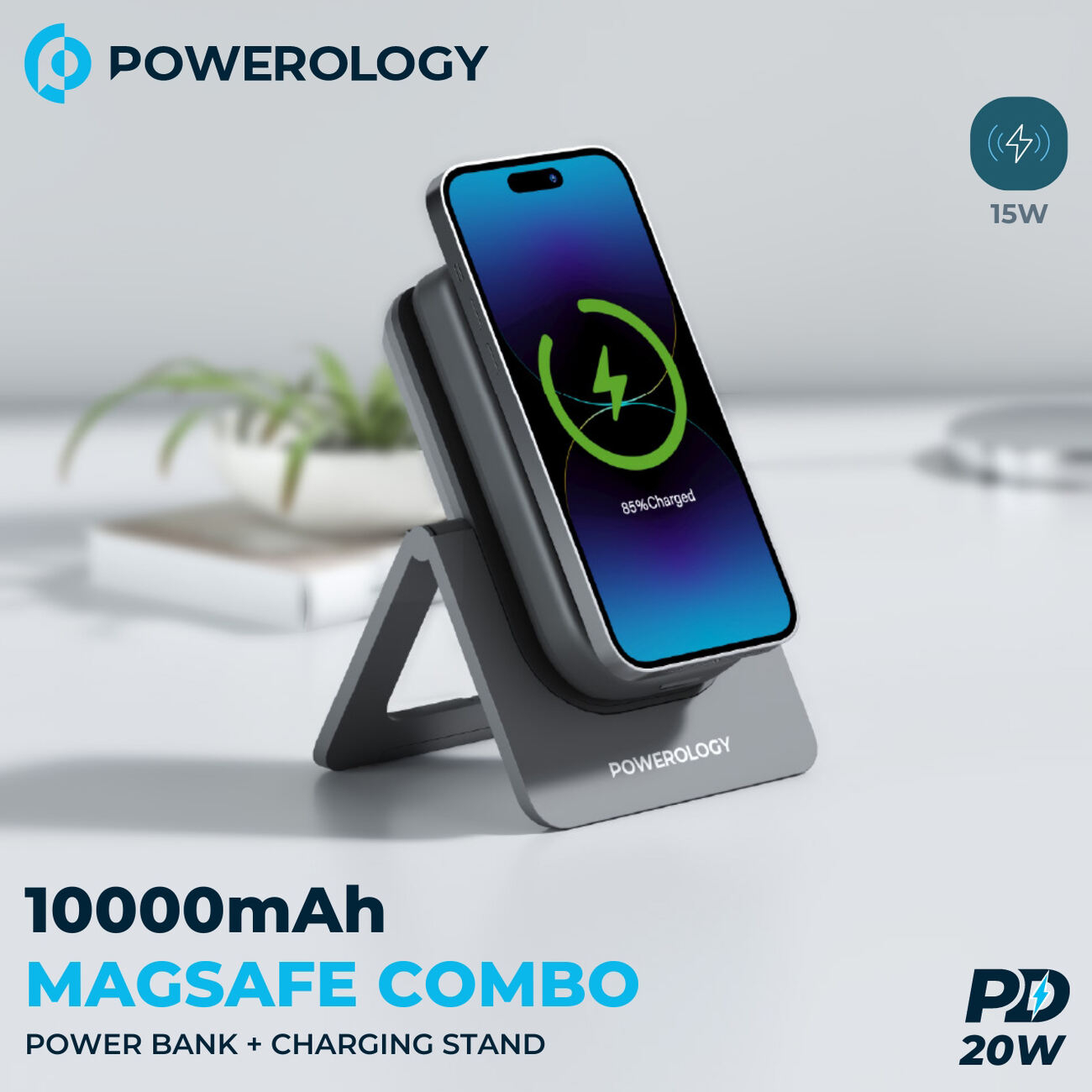 قیمت پاوربانک و استند وایرلس شارژ پاورولوژی Powerology 10000mAh MagSafe Combo /