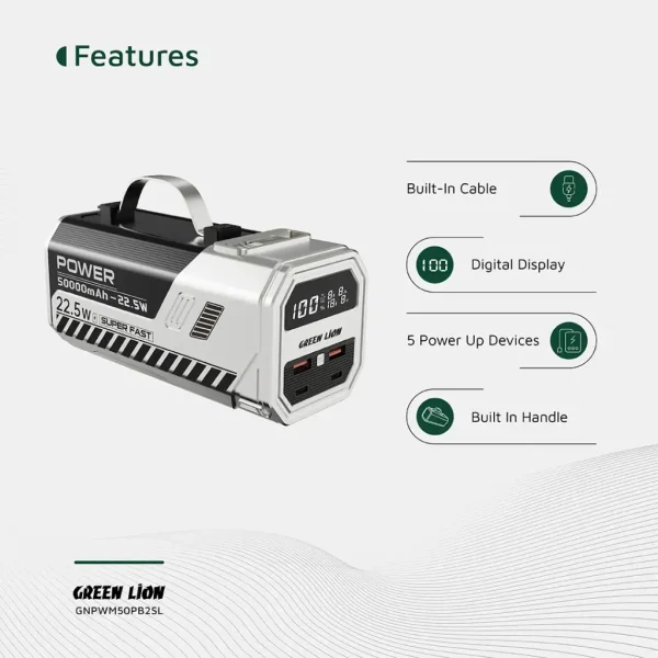 پاوربانک 50000 میلی آمپر و چراغ اضطراری گرین لاین مدل GNPWM50PB2 - 22.5W - Image 2